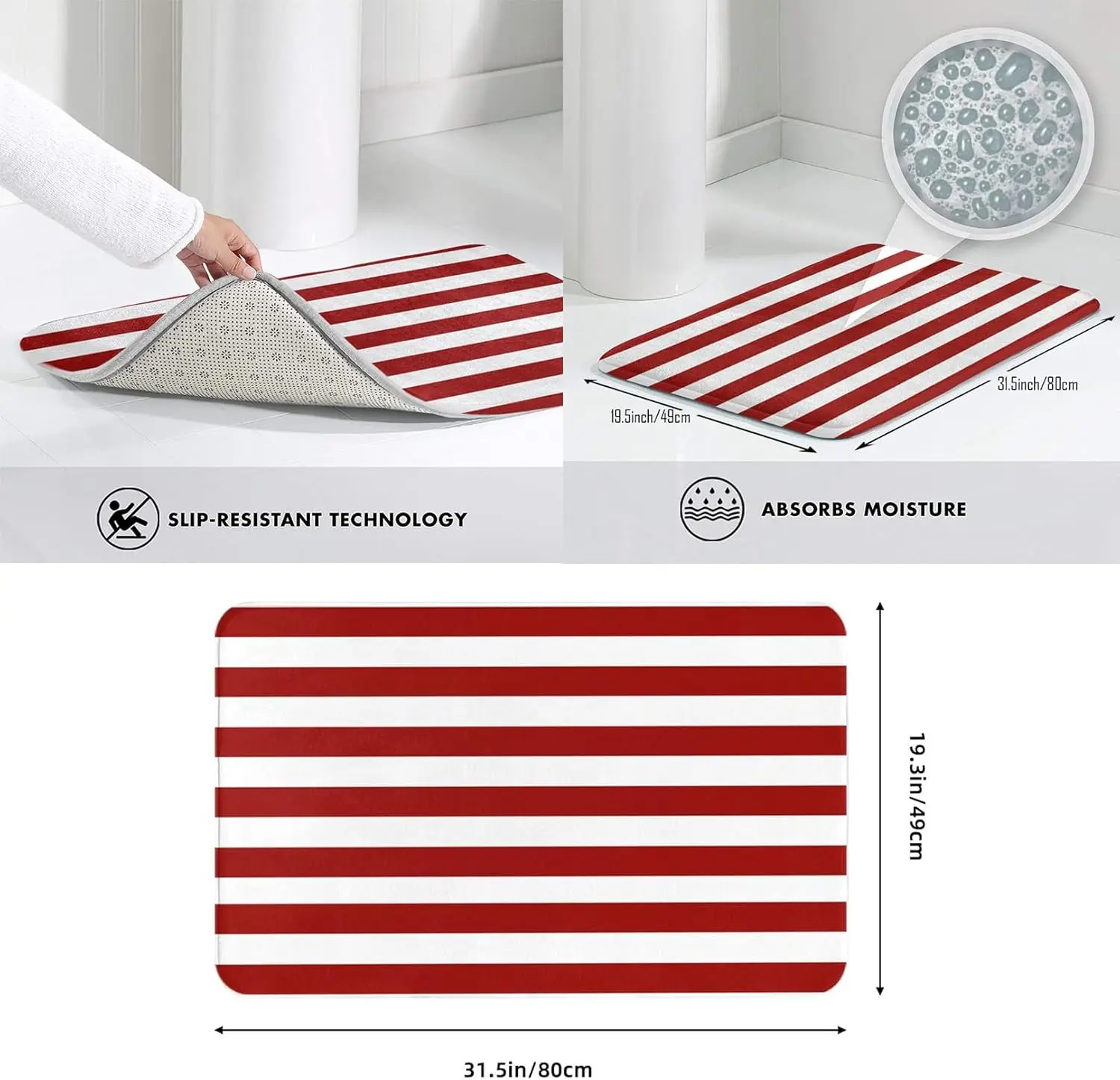 Tapis de bain blanc et rouge rayé – Image 2
